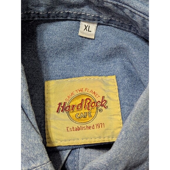 VTG Hard Rock Cafe KOWLOON Denim Button Shirt L/S XL 100% Cotton Blue Light Wash - Picture 7 of 7